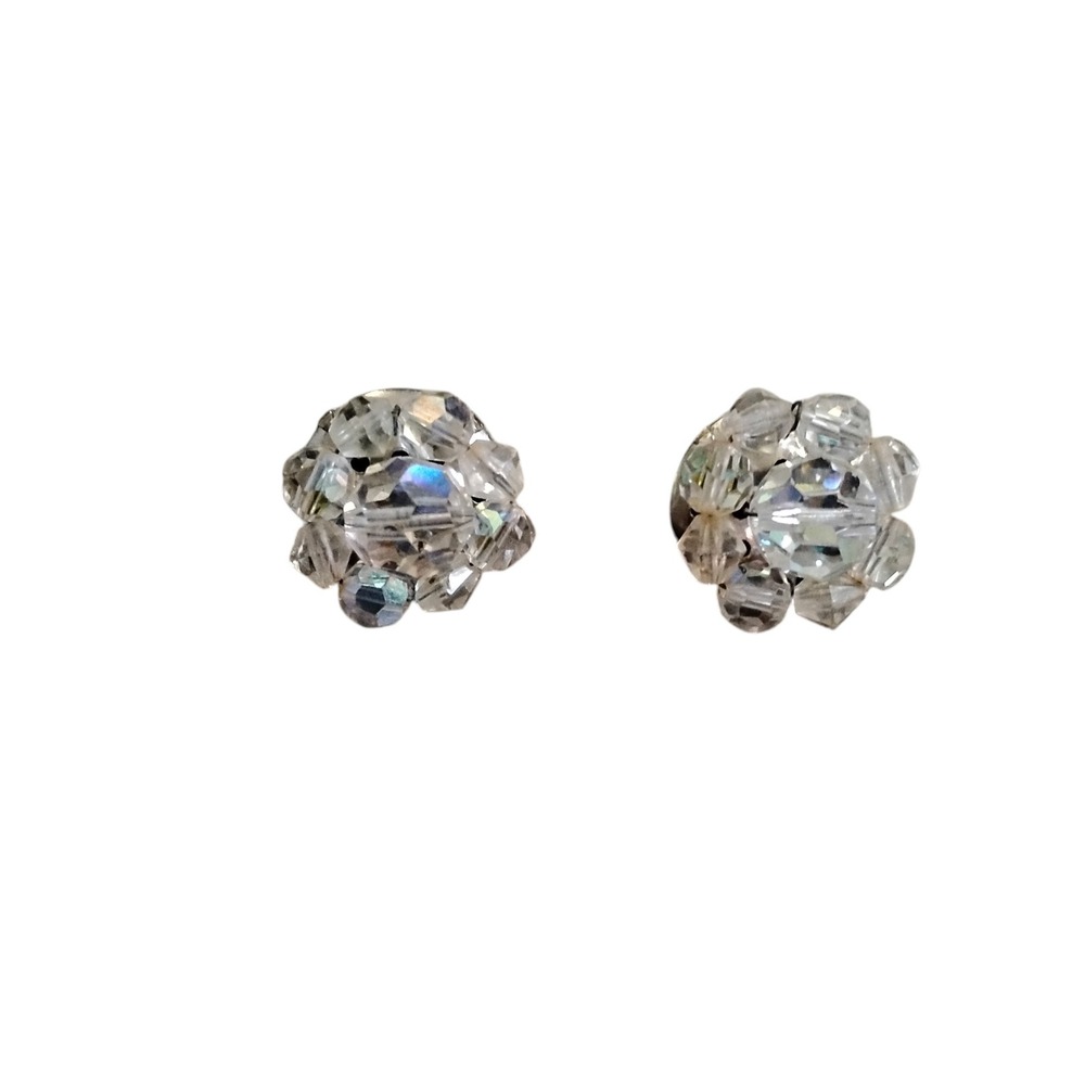 Vintage Aurora Borealis Crystal Cluster Clip On Earrings Iridescent Silver Tone
